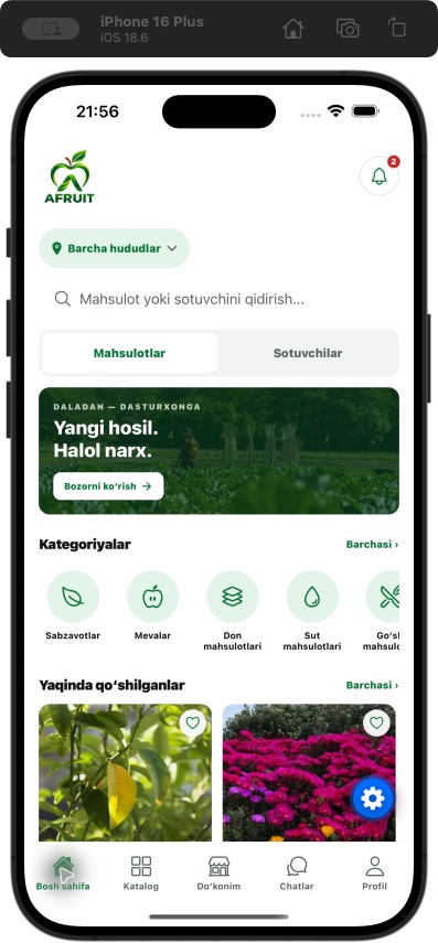 AFRUIT mobil ilovasining haqiqiy ekrani